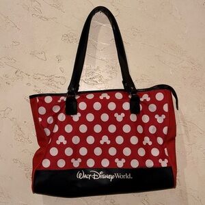 Disney Parks Large Tote Bag Bright Red White Polka Dots with Mickey Head Print